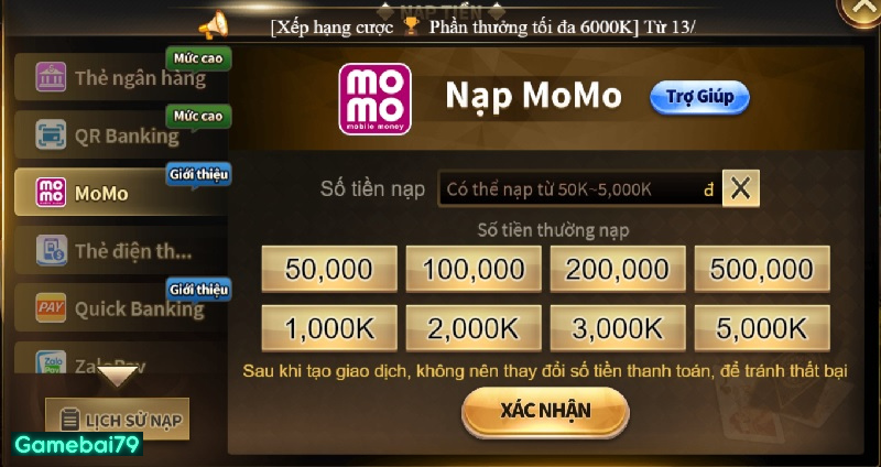 Thanh toán nạp tiền qua ví điện tử Momo tiện lợi